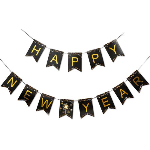 MiniRed New Year Banner 2025, Happy New Year Bunting Banner with Shiny Gold Letter, New Year Party Decorations Supplies 2025.