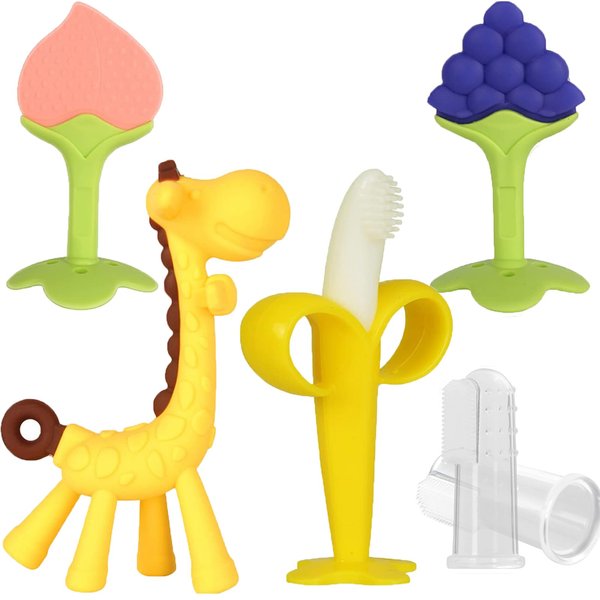 Haili XMGQ Baby Teething Toys, Silicone Baby Teether Freezer BPA Free, Soothe Babies Teething Relief Sore Gums, Banana Finger Toothbrush, Fruit Shape Giraffe Teether Set for Infant Boys and Girls