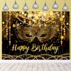 7X5FT Black and Gold Glitter Happy Birthday Backdrop Masquerade Mask Party Decorations Supplies Banner Masquerade Theme Carnival Dancing Photography Background