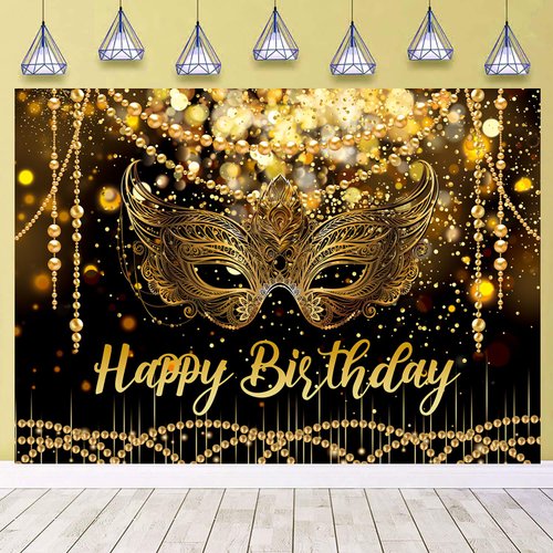 7X5FT Black and Gold Glitter Happy Birthday Backdrop Masquerade Mask Party Decorations Supplies Banner Masquerade Theme Carnival Dancing Photography Background