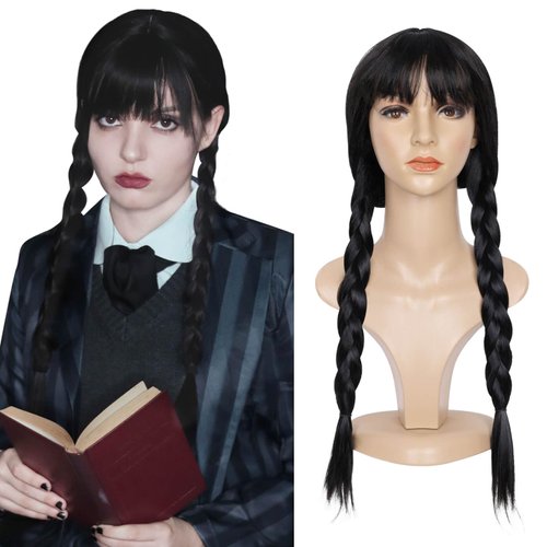BECUS Long Black Wigs for Women Braided Wig with Fringe Synthetic Wigs Costume Party Wigs for Women Family Cosplay