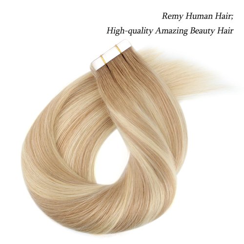 ABH AMAZINGBEAUTY HAIR Rooted with Highlights Remy Tape in Hair Extensions, 20 Pieces 50 Grams, Ash Brown Fading into Dirty Blonde with Platinum Blonde Highlights R8-12/60, 16 Inch