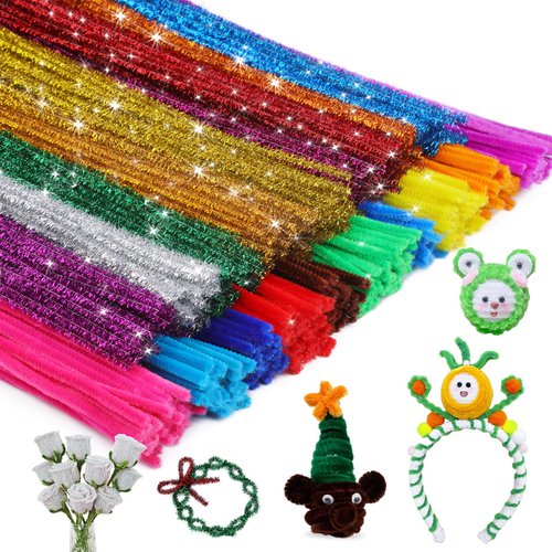 200 Pieces Mixed Color Pipe Cleaners Chenille Stem Set,100 Pieces Glitter Color +100 Pieces Bright Color Craft Pipe Cleaners,Fuzzy Sticks Pipe Cleaners Bulk for Arts and Crafts, Xmas Home Decoration