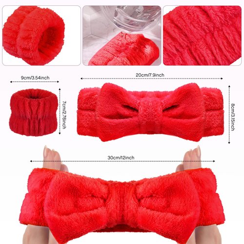 Hanaive 3 Pcs Red Face Wash Headband Wristband Set for Women SPA Bow Headbands Soft Facial Makeup Headband for Washing Face Shower Hair Supplies Christmas Skin Care Gift Winter