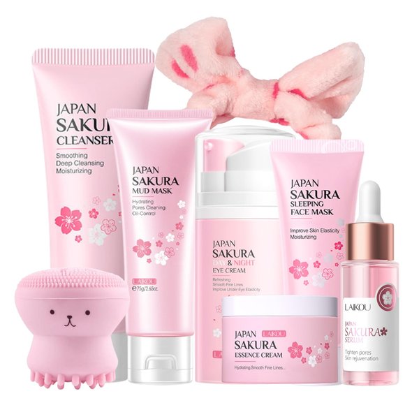 Skincare Set Women Cherry Blossom Gifts - 8 Pcs Skin Care Set Hydrating - Skin Care for Teens 10-12 Moisturizing - Travel Kit with Sleeping Face Mask,Cleanser,Face Cream,Eye Cream,Serum,Mud Mask