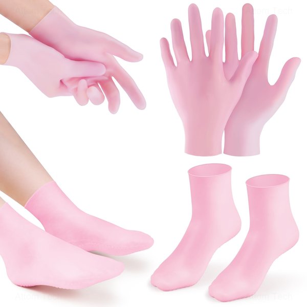 Aphlos Pink Silicone Moisturizing Socks & Gloves (1 Pair Each) for Intensive Hydration, Roughness Relief & Callus Treatment, Hydrating Skin Care for Dry, Cracked Hands & Feet, Suitable for Most Sizes