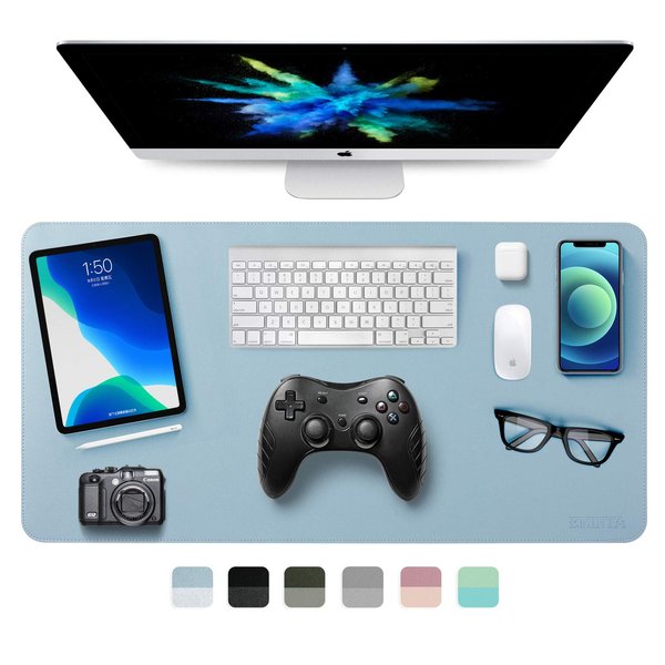 Dual-Sided Desk Pad, EMINTA Ultra Thin Waterproof PU Leather Mouse Pad Blotter Protector, Desk Writing Mat for Office/Home (Light Blue/Silver, 31.5" x 15.7")