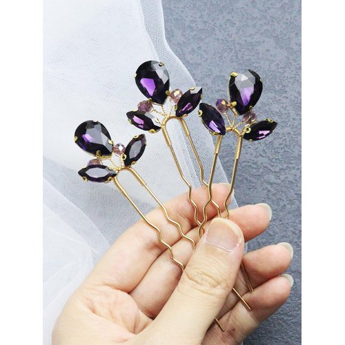 Brihasory Rhinestone Hair Pins 3PCS Wedding Hair Pieces for Brides, Handmade Crystal Bridal Hair Clip for Women Hair Accessories, Daily Party Prom Hair Decoration Bridesmaid Gifts(Purple Gold)