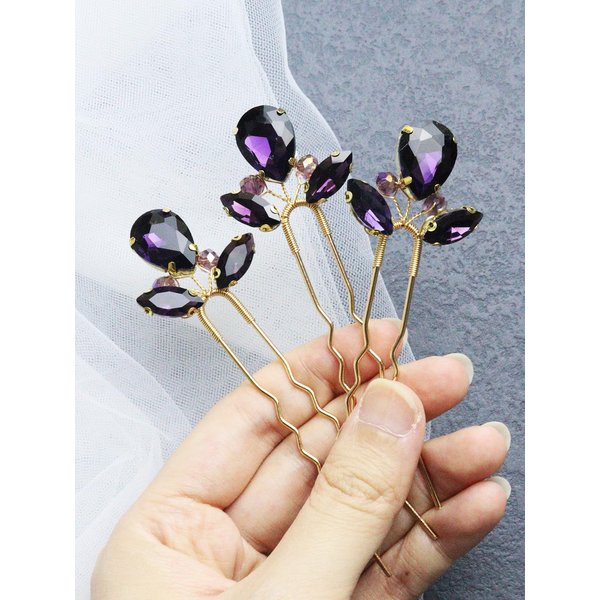 Brihasory Rhinestone Hair Pins 3PCS Wedding Hair Pieces for Brides, Handmade Crystal Bridal Hair Clip for Women Hair Accessories, Daily Party Prom Hair Decoration Bridesmaid Gifts(Purple Gold)