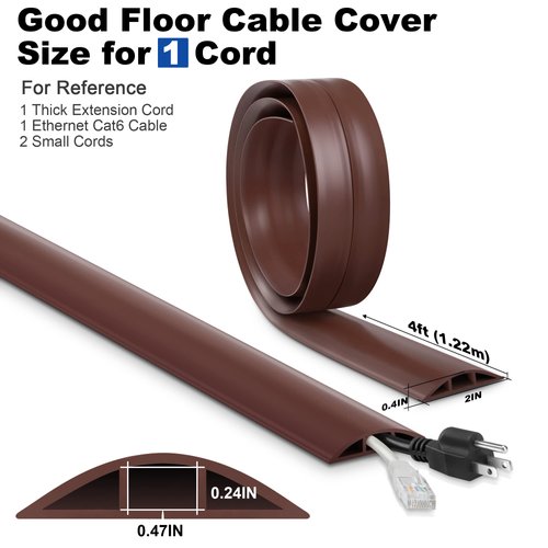 4FT Cord Cover Floor, Brown Cord Hider Floor, Extension Cable Cover Power Cord Protector Floor, Cable Management Hide Cords on Floor- Soft PVC Wire Covers - Cord Cavity: 0.47" (W) x 0.24" (H)