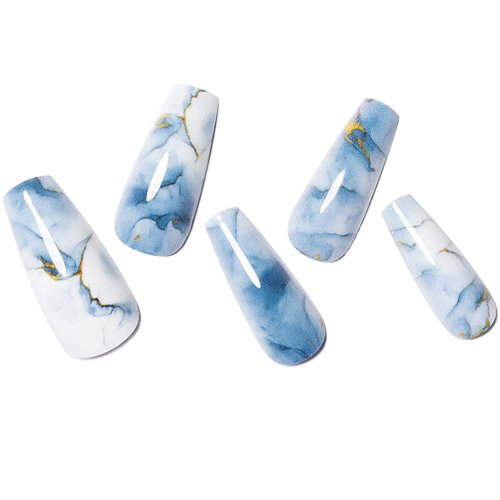 GLAMERMAID Press on Nails Medium Coffin, Blue Marble Gold Acrylic Fake Nails with Design Stick Glue on Nails for Women Luxury False Nail, 48Pcs Adhesive Tabs Nail File, Cuticle Stick