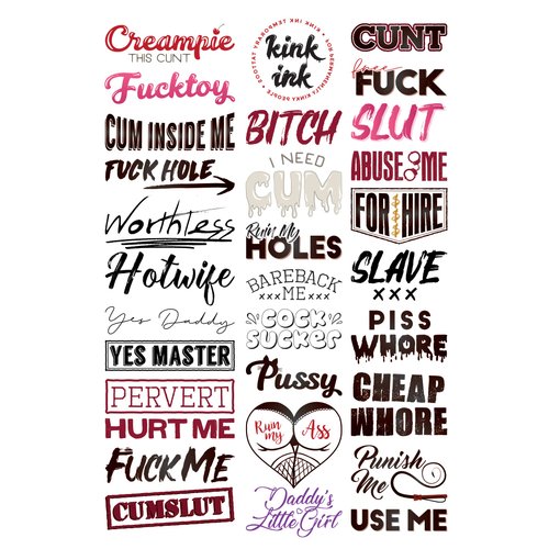 Kink Ink 30 Temporary Tattoos Adult Sexy Naughty Hardcore Words and Phrases, Long Lasting Semi Permanent Small to Medium Sized Fake Tattoos for Men and Women on A4 Sheet