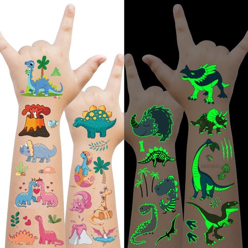 EMOME 100+ Styles Glow + Glitter Tattoos for Dinosaur Party Favors, Glitter Dinosaur Tattoos Temporary for Kids, Luminous Dinosaur Birthday Party Supplies Decorations Favors for Games Accessories
