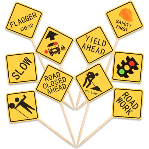 100 Pieces Construction Cupcake Topper Road Sign Birthday Cake Toppers Construction Theme Cupcake Toppers Construction Cake Decorations Construction Road Sign Picks for Kids Birthday Party Supplies