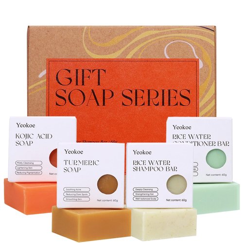 Yeokoe Travel Gifts Turmeric Soap Bar and Rice Water Shampoo Bar, Conditioner bar,Kojic acid bar 4 bars for Body,Face and Hair,Deep Cleansing,Travel Toiletries,Gifts For Women