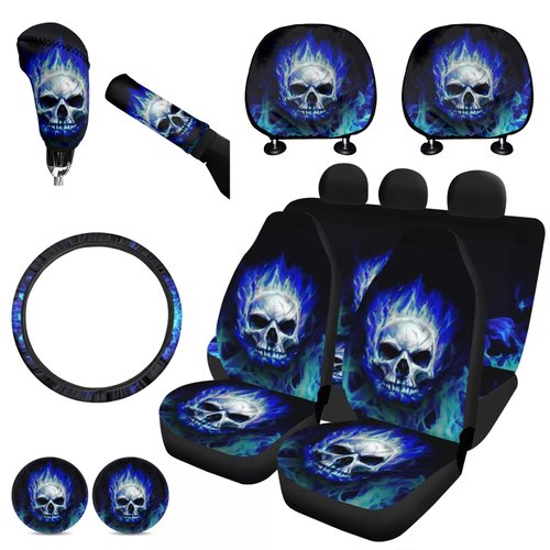 FKELYI Cool Fire Skull Design Blue Seat Covers Set Car Interior Seat Protector,Absorbent Cup Holder Pads,Steering Wheel Cover,Gear Shift Cover,Handbrake Cover,Headrest Covers