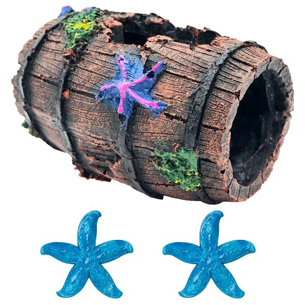 GSD Star-Fish Broken Barrel Decor Resin Betta Fish Tank Accessories Ornaments for Fish Cave Hide Tank Decorations, Broken Barrel x 1pc, Blue Star Fish Ornaments x 2pcs