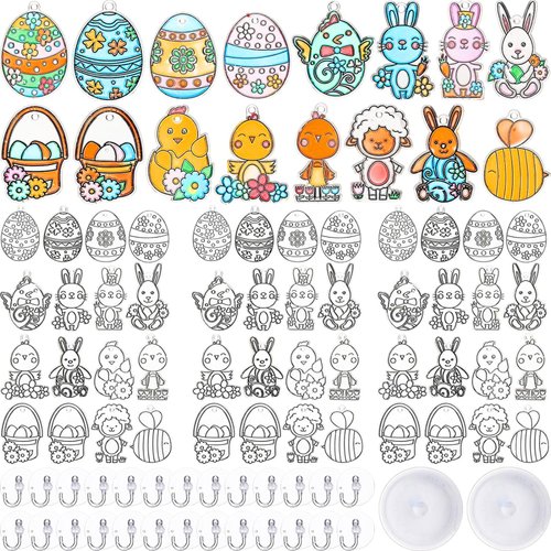 Geyee 130 Pcs Easter Window Art Craft Kit Set 64 Pcs DIY Easter Suncatcher Ornaments Easter Egg Window Art Kit Crafts Toy 64 Pcs Suction Hook 2 Pcs Elastic Cord for Crafts Activities Party Decorate