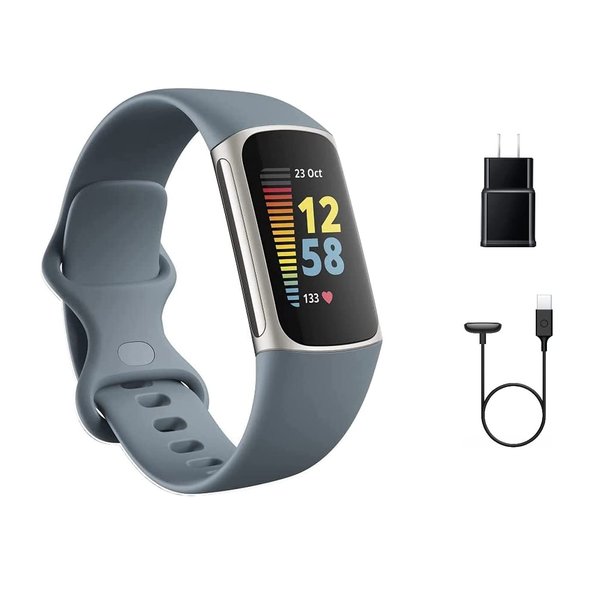 Fitbit Charge 5 Advanced Fitness Tracker with GPS, Heart Rate, Sleep & Health Tracker - Power Bundle with Adapter (Blue Stainless Steel)