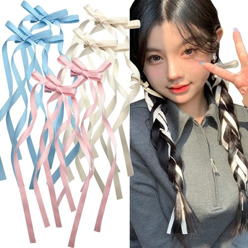 6pcs Ribbons Bow Hair Clips Long Tassel Hair Ribbon for Women Girls Double Bowknot Hair Clip Bows Hair Barrettes Bow Clips Hairclips Ribbon for Hair Accessories Wedding Party Gift(Blue, Pink, Beige)