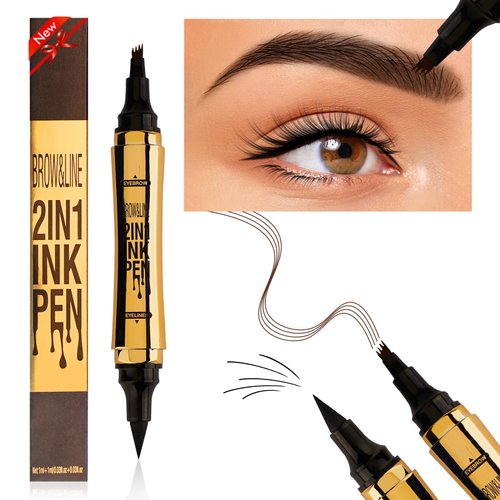 Microblading Eyebrow Pencil, Eyebrow & Eyeliner 2-in-1 Dual-Ended Eyebrow Pen with 4-Prong Micro-Fork-Tip Applicator and No-Skip Eyeliner Creates Natural-Looking Brows, Stay on All Day (Dark Brown)