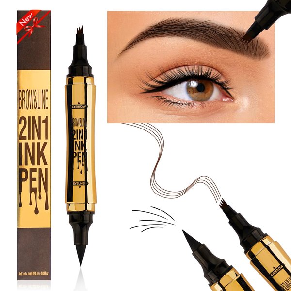 Microblading Eyebrow Pencil, Eyebrow & Eyeliner 2-in-1 Dual-Ended Eyebrow Pen with 4-Prong Micro-Fork-Tip Applicator and No-Skip Eyeliner Creates Natural-Looking Brows, Stay on All Day (Dark Brown)