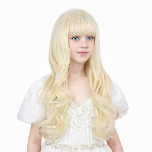 Ufindcos Light Blonde Wig for Kids Long Wavy Curly Blonde Hair Wig for Child Blonde Wig with Bangs for Girls Natural Synthetic Wig with Wig Cap