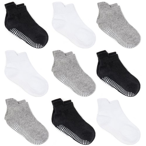 ZAPLES Baby Non Slip Grip Ankle Socks with Non Skid Soles for Infants Toddlers Kids Boys Girls, Assorted 9 Pack, 4-7 Years