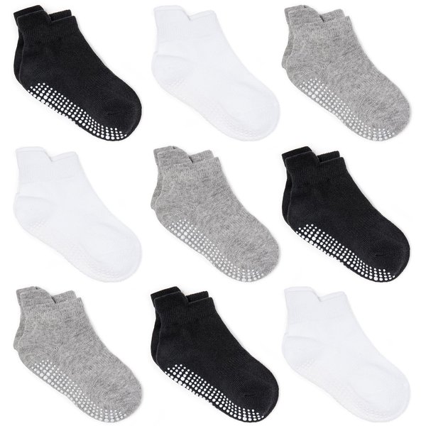 ZAPLES Baby Non Slip Grip Ankle Socks with Non Skid Soles for Infants Toddlers Kids Boys Girls, Assorted 9 Pack, 4-7 Years