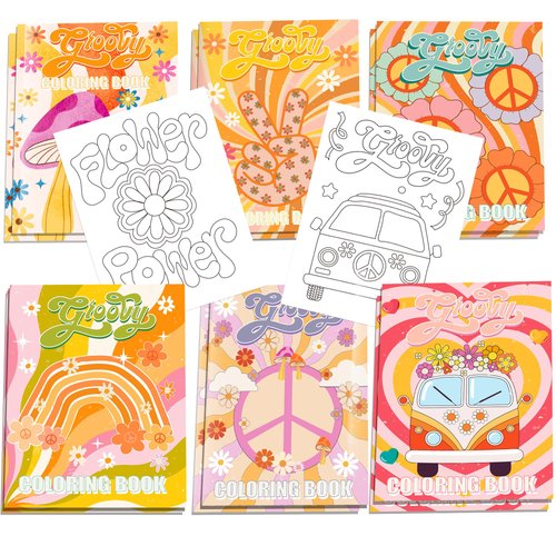 Qpout 12Pcs Groovy Coloring Books Bulk for Kids Party Favors Retro Boho Rainbow Hippie Mini Art Color Booklets for Birthday Party Goodie Bag Filler School Kids DIY Drawing Activity Supplies
