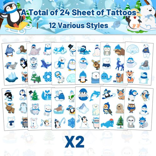 144 PCS Winter Arctic Animal Temporary Tattoos Stickers, Winter Arctic Polar Animal Party Favors Supplies Birthday Party Decorations Gifts for Kids Girls Boys, 24 Sheet