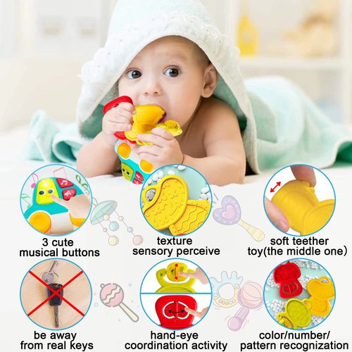 Baby Toys 9-12 Months Baby Musical Toys Rattle Infant Toy for Toddler My First Car Keychain Light up Teething Toy for Baby Keys Baby Interactive Pretend Play Toy Kids Tactile Sensory Toy Gift for Baby