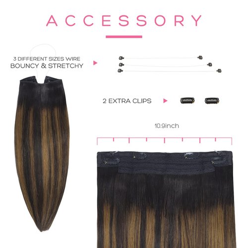 Marat Wire Hair Extensions 16 inch 95g Natural Black Mixed Chestnut Brown Remy Human Hair Extensions with Fish Line Invisible Wire Hair Extensions Real Human Hair Hair Extensions