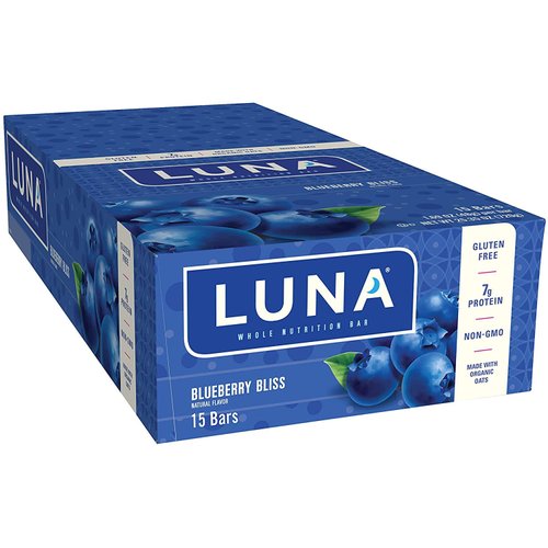 LUNA BAR - Gluten Free Snack Bars - Blueberry Bliss Flavor - 7g of protein - Non-GMO - Plant-Based Wholesome Snacking - On the Go Snacks (1.69 Ounce Snack Bars, 15 Count)
