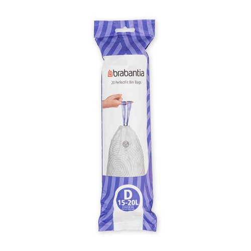 Brabantia PerfectFit Trash Bags (Size D / 4-5.3 Gal) Thick Plastic Trash Can Liners with Drawstring Handles (20 Bags)