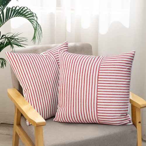 YCOLL Farmhouse Pillow Covers 18x18, Boho Throw Pillow Covers Set of 2, Red and Cream Striped Linen Decorative Pillows Cushion Covers for Couch Sofa Bedroom