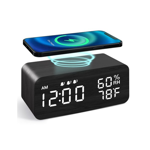 JALL Wooden Digital Alarm Clock with Wireless Charging, Dimmable, Adjustable Volume, 3 Alarms, Weekday/Weekend Mode, Snooze, Digital Clock for Bedroom, Bedside, Office (Black)