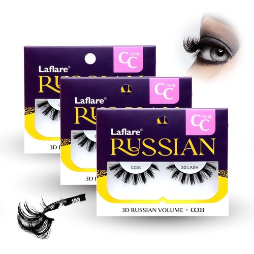 Laflare 3D False Eyelashes Russian volume Strip Lashes | Fluffy, Wispy, Lightweight | Faux Mink Eyelashes Extension C Curl Wispy Handmade Soft Reusable 3 Packs Value Combo. (FCC03X3C)