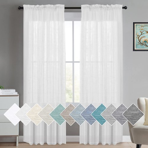 Turquoize White Linen Sheer Curtains 96 Inches Long Semi Sheer Curtains Rod Pocket Privacy Light Filtering Sheer Drapes for Living Room/Bedroom 2 Panels Set Window Treatments Panels,W52 x L96, White