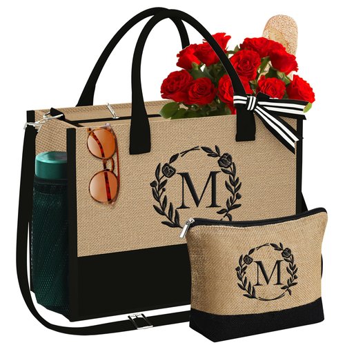 YOOLIFE Easter Gifts for Women - Birthday Gifts for Women Initial M Monogram Beach Tote Bag with Zipper Birthday Gifts for Women Her Mom Teacher Friends Female Sister Bridal Shower Bridesmaid Gifts