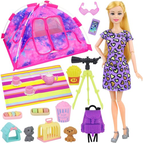 K.T. Fancy 18 PCS Girl Doll Travel Camping Tent Set and Accessories for 11.5 Inch Girl Doll Includes Doll Tent, Clothes, Backpack, Toy Dog, Placemat, Toy Phone, Glasses (Doll NOT Included)