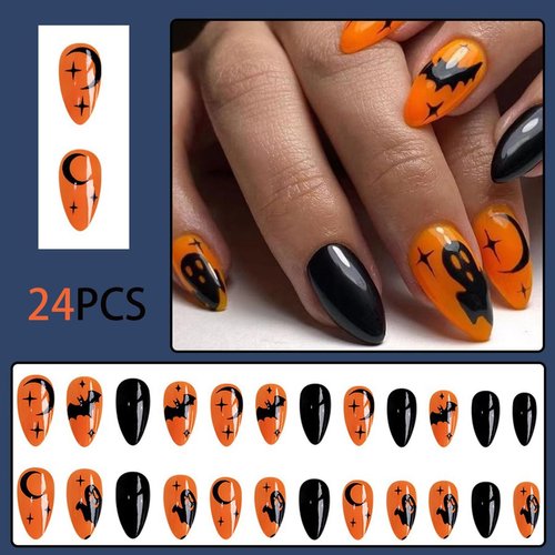 Halloween Fake Nails Short Almond Press on Nails Orange and Black Acrylic Nails Press on Glossy False Nails with Ghost Bat Designs Full Cover Artificial Nails Reusable Glue on Nails for Women 24Pcs