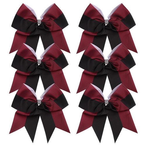 Cheerleader Bows 8 Inch Comb Color Ponytail Holder with Bling Fling Rhinestones Hair Tie Cheerleading Bows 6 Pcs (Black/Maroon)