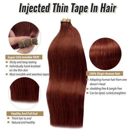 22 Inch Tape in Hair Extensions Remy Human Hair Extensions Skin Weft Tape in Straight Thick Natural Hair Extensions 60g 20pcs Dark Auburn #33 Real Human Hair Extension