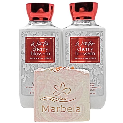 Bath & Body Works Winter Cherry Blossom 2 Piece Body Lotion Gift Set with a Himalayan Salts Springs Bar Soap - Full Size