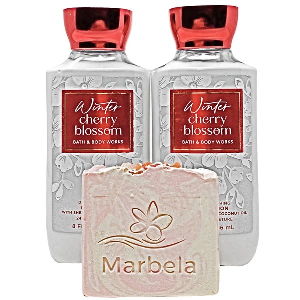 Bath & Body Works Winter Cherry Blossom 2 Piece Body Lotion Gift Set with a Himalayan Salts Springs Bar Soap - Full Size