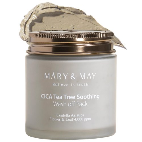 Mary&May Vegan Cica Tea Tree Soothing Wash Off Pack - Natural Centella Clay Mask for Sensitive Skin, Relieves Irritation, Cleanses Pores, and Hydrates, 4.4oz.