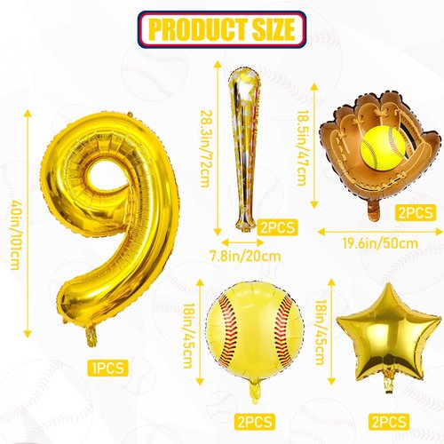 9pcs Softball Balloons, Softball Birthday Number Mylar Foil Balloon Softball Birthday Party Supplies Softball Birthday Decorations (9th)