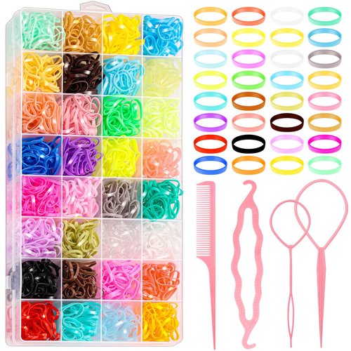 Jupwalz 2100 Pcs Elastic Hair Bands for Girl, 32 Colors Mini Elastic Hair Ties Hair Accessories with Hair Styling Tools and Organiser, Birthday Gifts for Toddler Baby Girl