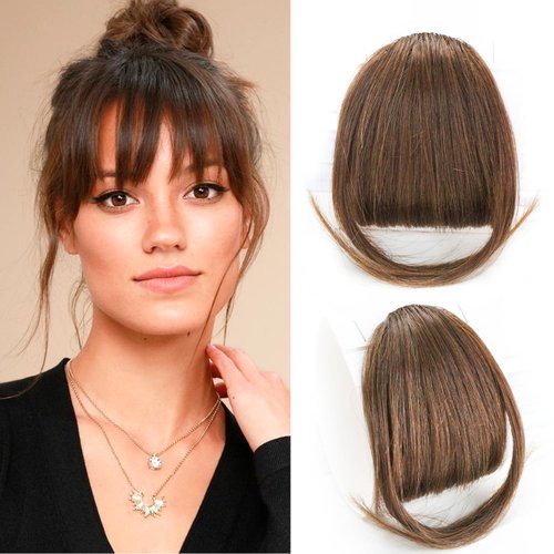 Clip in Bangs 100% Human Hair, Bangs Hair Clip Extensions, Clip on Bangs Wispy Bangs with Temples Hairpieces for Women,Fake bangs for Daily Wear (Wispy Bangs-1, Dark Brown)